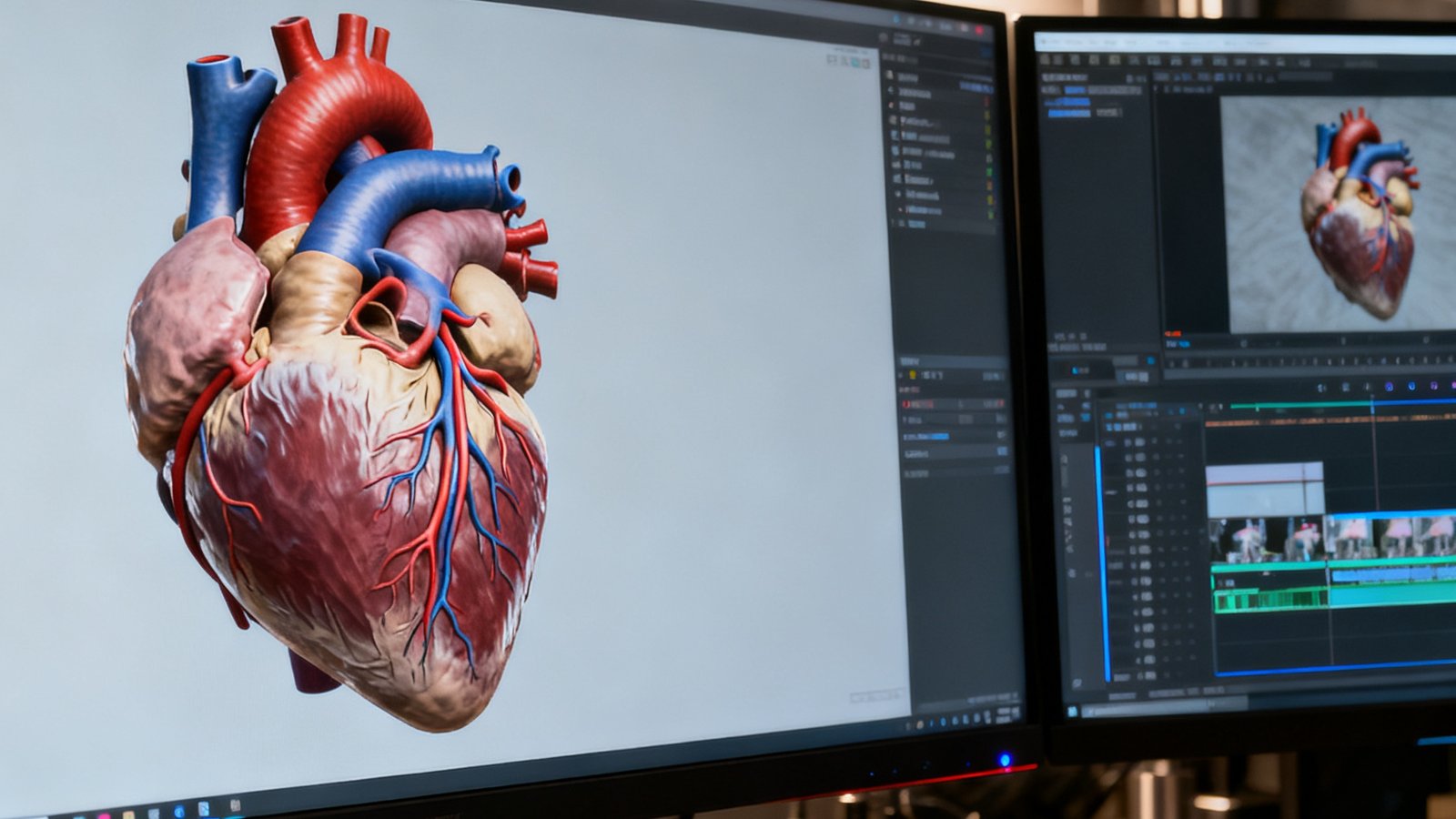后期制作人员正在双屏工作站上使用Blender和Houdini进行三维动画建模，屏幕显示精细的人体心脏3D模型，血管和瓣膜结构清晰可见，渲染器正在输出高精度序列帧。